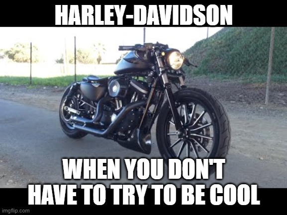 Harley cool | HARLEY-DAVIDSON; WHEN YOU DON'T HAVE TO TRY TO BE COOL | image tagged in harley davidson,cool | made w/ Imgflip meme maker