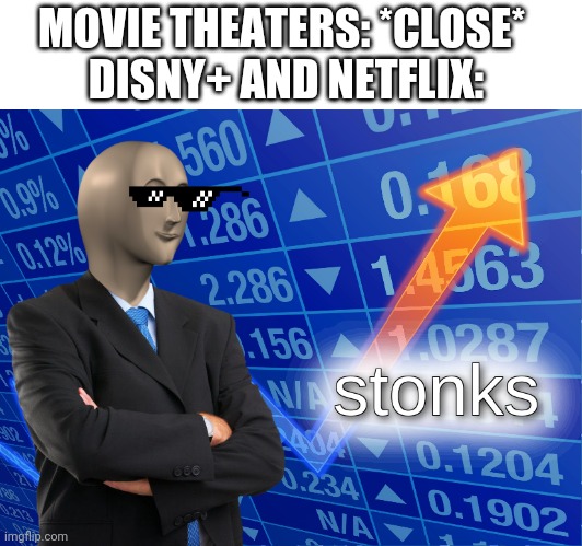 Meme man owns Netflix b/c he awesome | MOVIE THEATERS: *CLOSE*  
DISNY+ AND NETFLIX: | image tagged in stonks | made w/ Imgflip meme maker