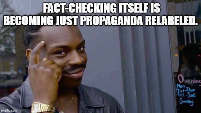 propaganda relabeled. | FACT-CHECKING ITSELF IS BECOMING JUST PROPAGANDA RELABELED. | image tagged in memes,roll safe think about it | made w/ Imgflip meme maker