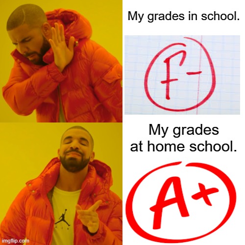mY gRaDeS. | My grades in school. My grades at home school. | image tagged in memes,drake hotline bling,grades,school | made w/ Imgflip meme maker