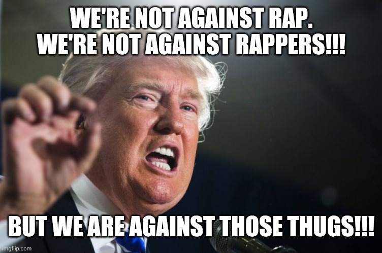 Trump Thugs | WE'RE NOT AGAINST RAP. WE'RE NOT AGAINST RAPPERS!!! BUT WE ARE AGAINST THOSE THUGS!!! | image tagged in donald trump | made w/ Imgflip meme maker