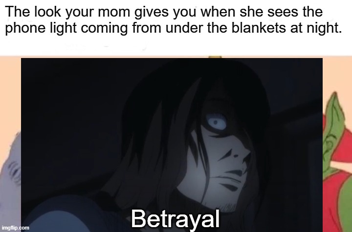 The look your mom gives you when she sees the phone light coming from under the blankets at night. Betrayal | image tagged in anime,mom,phone,sleep | made w/ Imgflip meme maker