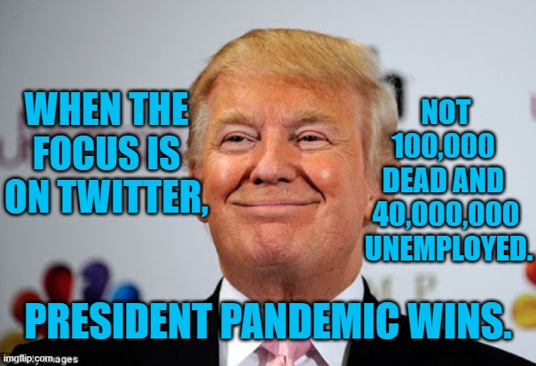 Prez Pandemic's Misdirect | NOT 100,000 
DEAD AND  40,000,000  UNEMPLOYED. WHEN THE FOCUS IS ON TWITTER, PRESIDENT PANDEMIC WINS. | image tagged in donald trump approves | made w/ Imgflip meme maker