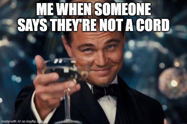 Like, an HDMI cord? Or a tripwire cord? or a Dis cord? | ME WHEN SOMEONE SAYS THEY'RE NOT A CORD | image tagged in memes,leonardo dicaprio cheers | made w/ Imgflip meme maker
