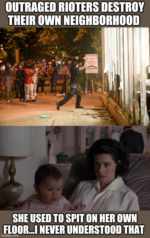 Politics | OUTRAGED RIOTERS DESTROY THEIR OWN NEIGHBORHOOD; SHE USED TO SPIT ON HER OWN FLOOR...I NEVER UNDERSTOOD THAT | image tagged in funny memes | made w/ Imgflip meme maker