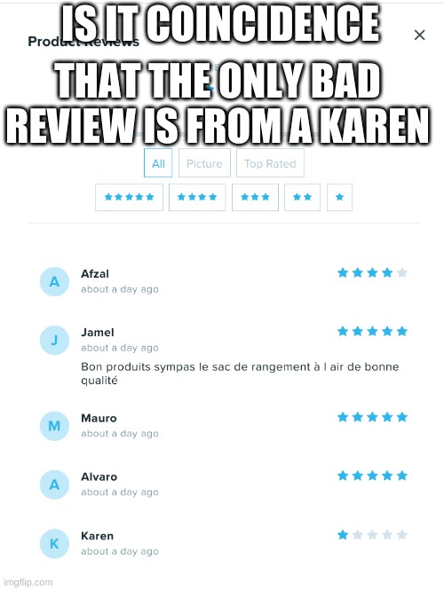 Your Average Karen | THAT THE ONLY BAD REVIEW IS FROM A KAREN; IS IT COINCIDENCE | image tagged in karen,memes | made w/ Imgflip meme maker