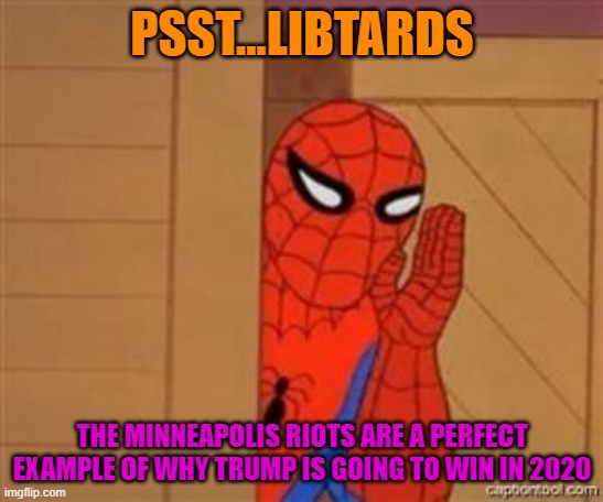 psst spiderman | PSST...LIBTARDS THE MINNEAPOLIS RIOTS ARE A PERFECT EXAMPLE OF WHY TRUMP IS GOING TO WIN IN 2020 | image tagged in psst spiderman | made w/ Imgflip meme maker