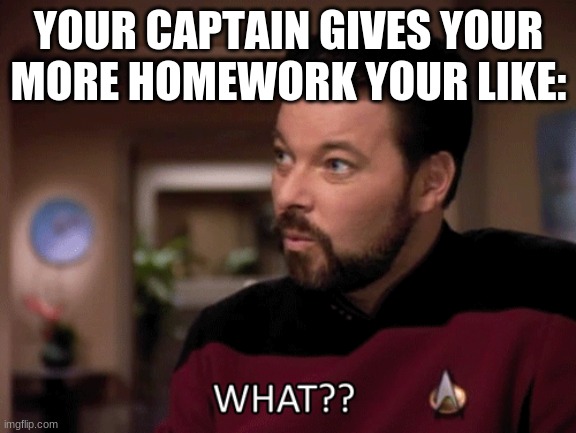 Riker What | YOUR CAPTAIN GIVES YOUR MORE HOMEWORK YOUR LIKE: | image tagged in funny memes | made w/ Imgflip meme maker