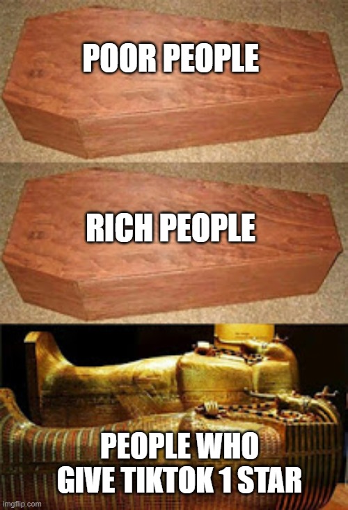 True gods | POOR PEOPLE; RICH PEOPLE; PEOPLE WHO GIVE TIKTOK 1 STAR | image tagged in golden coffin meme,memes,funny,tik tok,coffin | made w/ Imgflip meme maker