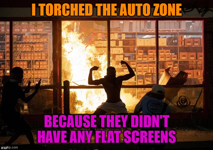 Looter AutoZone Minneapolis | I TORCHED THE AUTO ZONE BECAUSE THEY DIDN'T HAVE ANY FLAT SCREENS | image tagged in looter autozone minneapolis | made w/ Imgflip meme maker