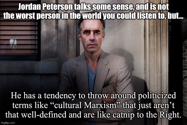 I’ve listened to him. He talks some sense but take it with a grain of salt, especially when he puts on his political hat. | image tagged in cultural marxism,jordan peterson,philosophy,right wing,psychology,politics | made w/ Imgflip meme maker