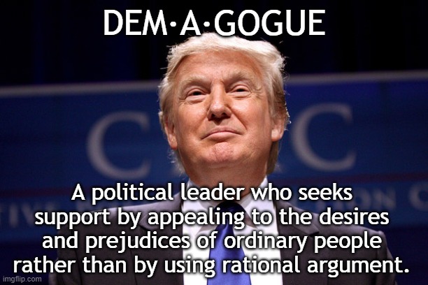 Words. | DEM·A·GOGUE; A political leader who seeks support by appealing to the desires and prejudices of ordinary people rather than by using rational argument. | image tagged in donald trump racist,demagogue,racism,notmypresident | made w/ Imgflip meme maker