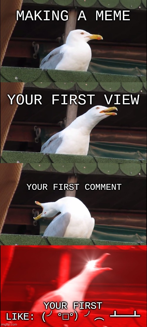 Me: | MAKING A MEME; YOUR FIRST VIEW; YOUR FIRST COMMENT; YOUR FIRST LIKE: (╯°□°）╯︵ ┻━┻ | image tagged in memes,inhaling seagull | made w/ Imgflip meme maker