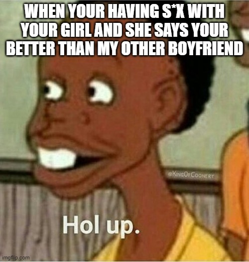 hol up | WHEN YOUR HAVING S*X WITH YOUR GIRL AND SHE SAYS YOUR BETTER THAN MY OTHER BOYFRIEND | image tagged in hol up | made w/ Imgflip meme maker