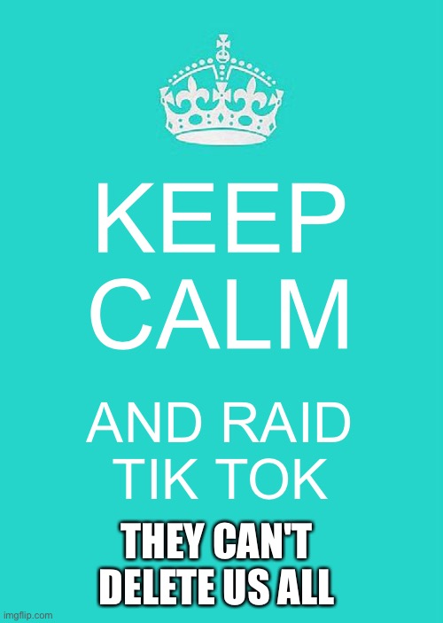 Keep Calm And Carry On Aqua | KEEP CALM; AND RAID TIK TOK; THEY CAN'T DELETE US ALL | image tagged in memes,keep calm and carry on aqua | made w/ Imgflip meme maker