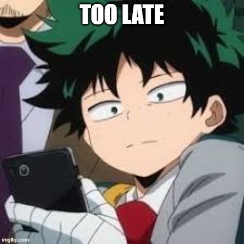 Deku dissapointed | TOO LATE | image tagged in deku dissapointed | made w/ Imgflip meme maker
