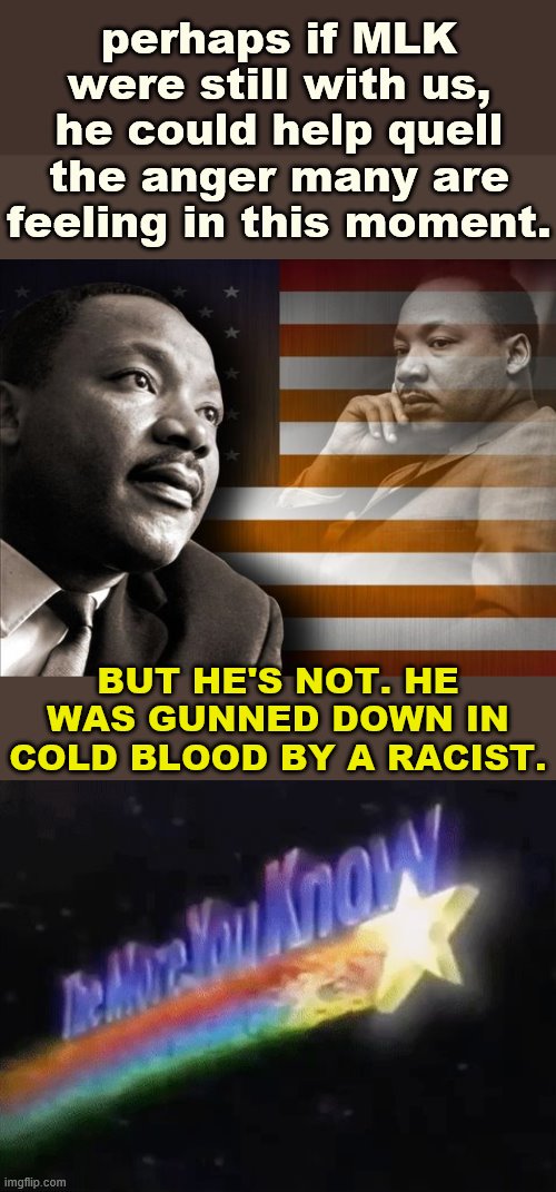 One reason why weaponizing MLK's legacy against the Minneapolis protestors is not entirely fitting. | perhaps if MLK were still with us, he could help quell the anger many are feeling in this moment. BUT HE'S NOT. HE WAS GUNNED DOWN IN COLD BLOOD BY A RACIST. | image tagged in mlk,the more you know,racist,assassination,martin luther king jr,racism | made w/ Imgflip meme maker