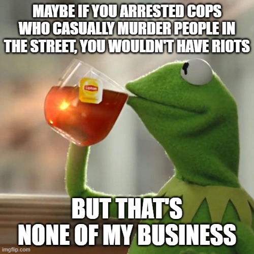 But That's None Of My Business Meme | MAYBE IF YOU ARRESTED COPS WHO CASUALLY MURDER PEOPLE IN THE STREET, YOU WOULDN'T HAVE RIOTS; BUT THAT'S NONE OF MY BUSINESS | image tagged in memes,but that's none of my business,kermit the frog | made w/ Imgflip meme maker