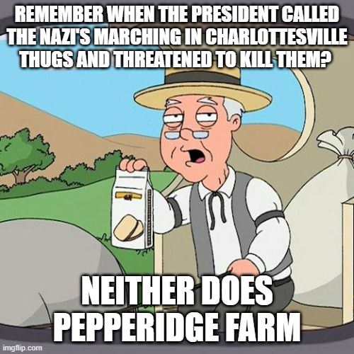 Pepperidge Farm Remembers | REMEMBER WHEN THE PRESIDENT CALLED THE NAZI'S MARCHING IN CHARLOTTESVILLE THUGS AND THREATENED TO KILL THEM? NEITHER DOES PEPPERIDGE FARM | image tagged in memes,pepperidge farm remembers | made w/ Imgflip meme maker