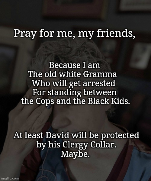 Pray for me | Pray for me, my friends, Because I am
The old white Gramma  

Who will get arrested 

For standing between
 the Cops and the Black Kids. At least David will be protected
 by his Clergy Collar. 
Maybe. | image tagged in old white gramma,pray for me | made w/ Imgflip meme maker