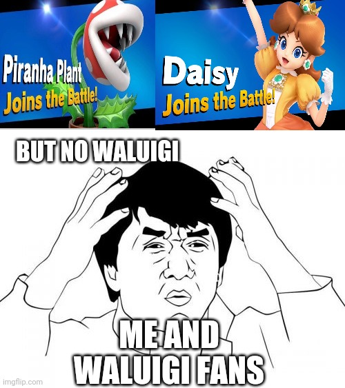 Why? | BUT NO WALUIGI; ME AND WALUIGI FANS | image tagged in memes,jackie chan wtf,super smash bros,dasiy,piranha plant,unfair | made w/ Imgflip meme maker