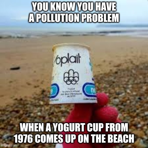 Pollution | YOU KNOW YOU HAVE A POLLUTION PROBLEM; WHEN A YOGURT CUP FROM 1976 COMES UP ON THE BEACH | image tagged in trash | made w/ Imgflip meme maker