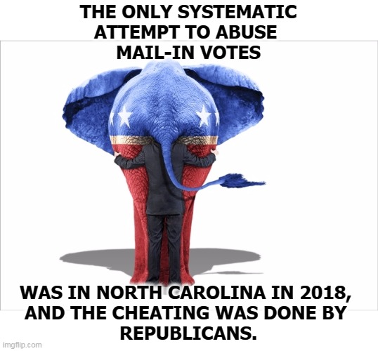 If Republican policies weren't so awful, more people might vote for them. | THE ONLY SYSTEMATIC ATTEMPT TO ABUSE 
MAIL-IN VOTES; WAS IN NORTH CAROLINA IN 2018, 
AND THE CHEATING WAS DONE BY 
REPUBLICANS. | image tagged in republican elephant with politician and voter,election 2020,vote,cheating,gop,republicans | made w/ Imgflip meme maker