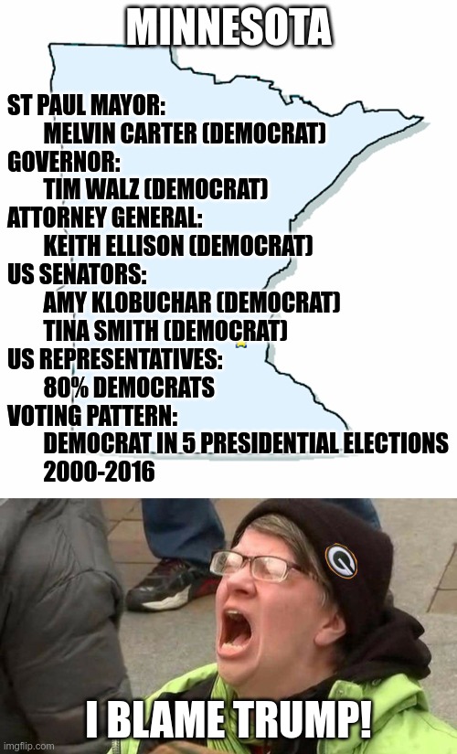 This isn't a bi-partisan problem | MINNESOTA; ST PAUL MAYOR:
        MELVIN CARTER (DEMOCRAT)
GOVERNOR:
        TIM WALZ (DEMOCRAT)
ATTORNEY GENERAL:
        KEITH ELLISON (DEMOCRAT)
US SENATORS:
        AMY KLOBUCHAR (DEMOCRAT)
        TINA SMITH (DEMOCRAT)
US REPRESENTATIVES:
        80% DEMOCRATS
VOTING PATTERN:
        DEMOCRAT IN 5 PRESIDENTIAL ELECTIONS
        2000-2016; I BLAME TRUMP! | image tagged in minnesota outline,screaming protester | made w/ Imgflip meme maker