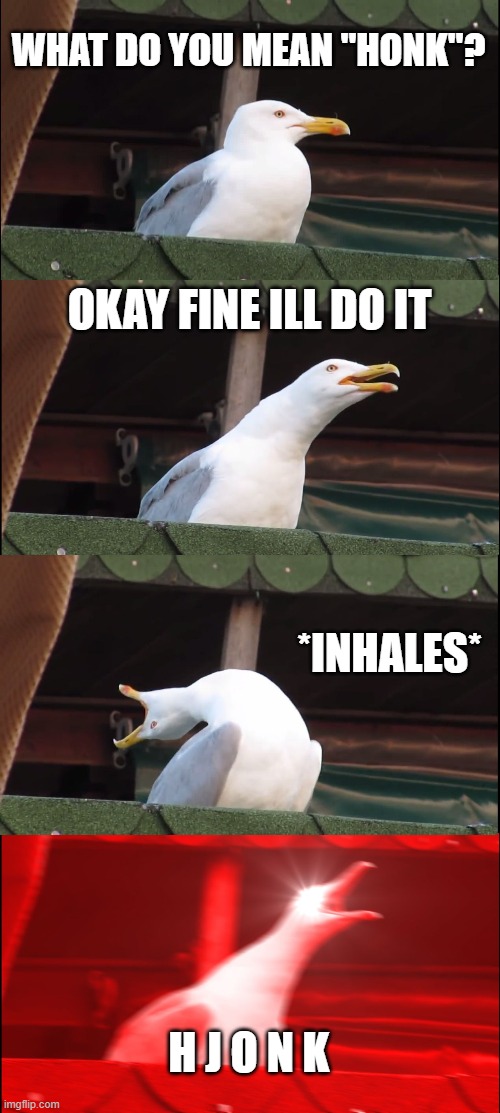 Inhaling Seagull Meme | WHAT DO YOU MEAN "HONK"? OKAY FINE ILL DO IT; *INHALES*; H J O N K | image tagged in memes,inhaling seagull | made w/ Imgflip meme maker