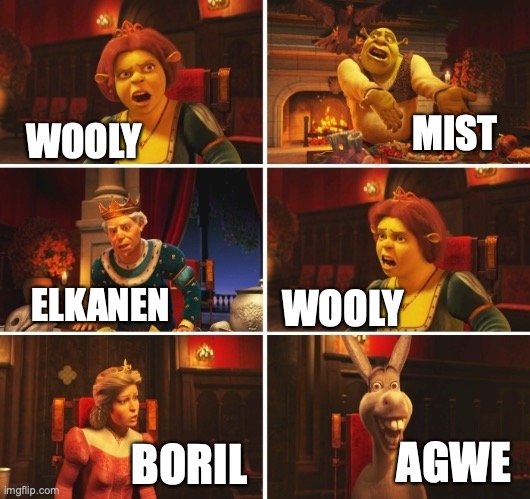 Shrek Fiona Harold Donkey | MIST; WOOLY; WOOLY; ELKANEN; BORIL; AGWE | image tagged in shrek fiona harold donkey | made w/ Imgflip meme maker