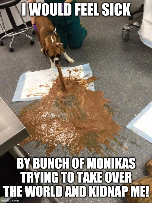 dog vomit | I WOULD FEEL SICK BY BUNCH OF MONIKAS TRYING TO TAKE OVER THE WORLD AND KIDNAP ME! | image tagged in dog vomit | made w/ Imgflip meme maker