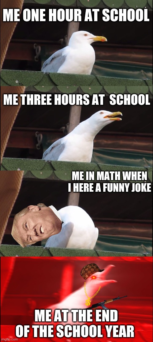 Inhaling Seagull | ME ONE HOUR AT SCHOOL; ME THREE HOURS AT  SCHOOL; ME IN MATH WHEN I HERE A FUNNY JOKE; ME AT THE END OF THE SCHOOL YEAR | image tagged in memes,inhaling seagull | made w/ Imgflip meme maker