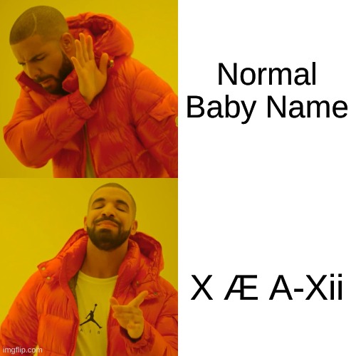 Elon Musk be like | Normal Baby Name; X Æ A-Xii | image tagged in memes,drake hotline bling,elon musk,tesla,name,funny | made w/ Imgflip meme maker