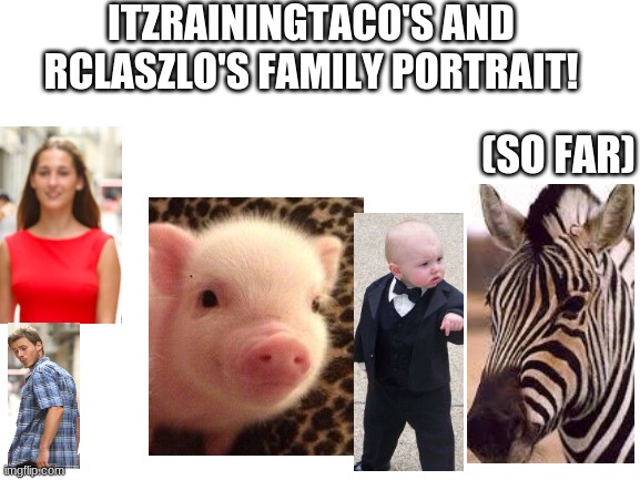 the zebra and pig represent the pets, he baby represents our son, and the man and the woman represent me and my bf | ITZRAININGTACO'S AND RCLASZLO'S FAMILY PORTRAIT! (SO FAR) | image tagged in blank white template | made w/ Imgflip meme maker