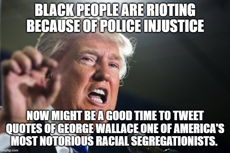 donald trump | BLACK PEOPLE ARE RIOTING BECAUSE OF POLICE INJUSTICE; NOW MIGHT BE A GOOD TIME TO TWEET QUOTES OF GEORGE WALLACE ONE OF AMERICA'S MOST NOTORIOUS RACIAL SEGREGATIONISTS. | image tagged in donald trump | made w/ Imgflip meme maker