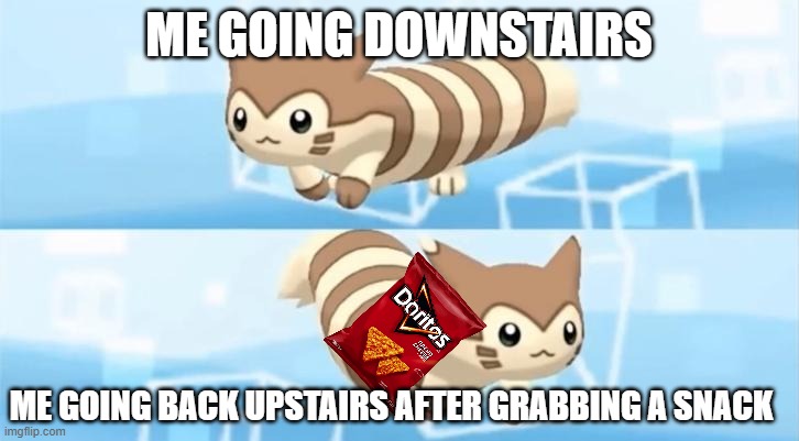 furret walk forwards/backwards | ME GOING DOWNSTAIRS; ME GOING BACK UPSTAIRS AFTER GRABBING A SNACK | image tagged in furret walk forwards/backwards | made w/ Imgflip meme maker