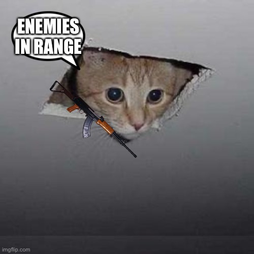 Pew pew kitty | ENEMIES IN RANGE | image tagged in memes,ceiling cat,cats,lol,funny | made w/ Imgflip meme maker