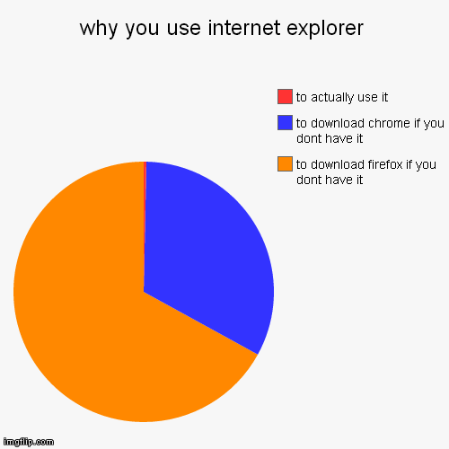 why you use internet explorer | to download firefox if you dont have it, to download chrome if you dont have it, to actually use it | image tagged in funny,pie charts | made w/ Imgflip chart maker