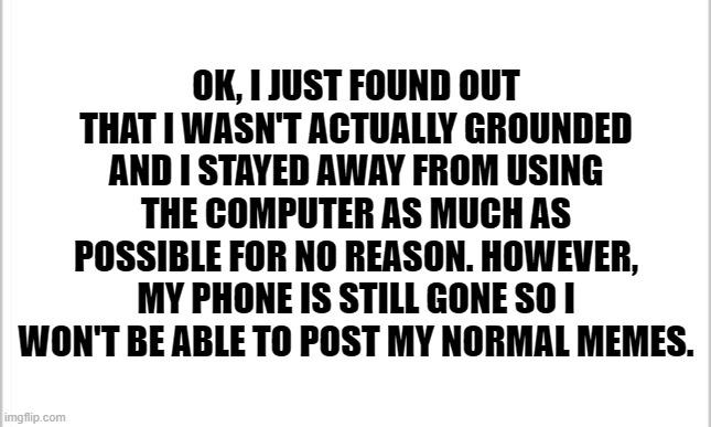 bruh, thanks for telling me now | OK, I JUST FOUND OUT THAT I WASN'T ACTUALLY GROUNDED AND I STAYED AWAY FROM USING THE COMPUTER AS MUCH AS POSSIBLE FOR NO REASON. HOWEVER, MY PHONE IS STILL GONE SO I WON'T BE ABLE TO POST MY NORMAL MEMES. | image tagged in white background | made w/ Imgflip meme maker