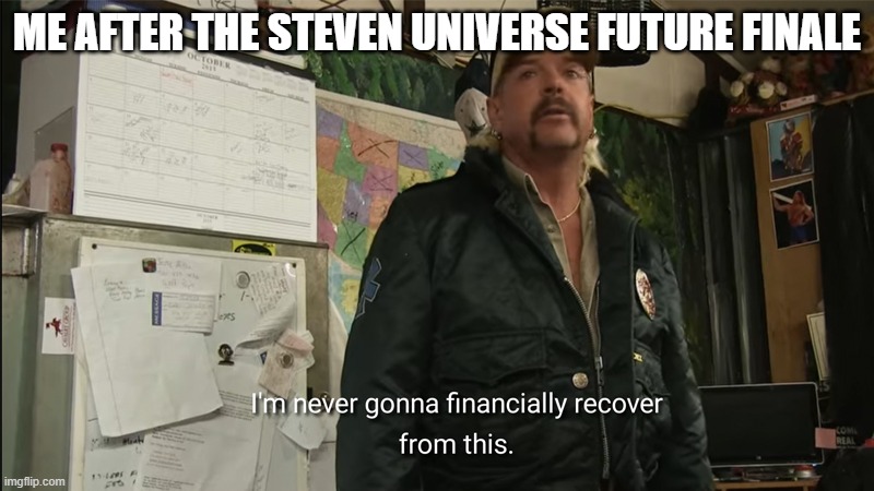 Here we are in the future and it's WRONG AS HECC! | ME AFTER THE STEVEN UNIVERSE FUTURE FINALE | image tagged in i'm never going to financially recover from this | made w/ Imgflip meme maker