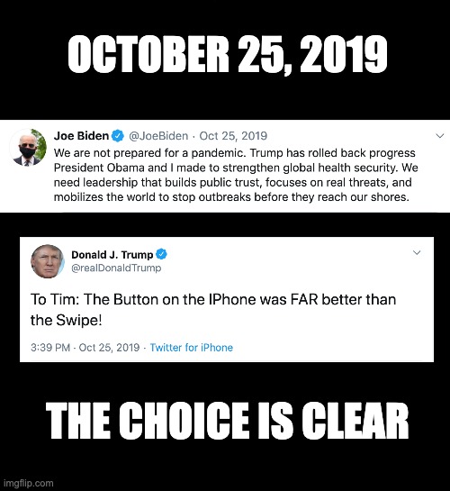 The Choice is Clear | OCTOBER 25, 2019; THE CHOICE IS CLEAR | image tagged in memes,politics,donald trump,joe biden,election,pandemic | made w/ Imgflip meme maker