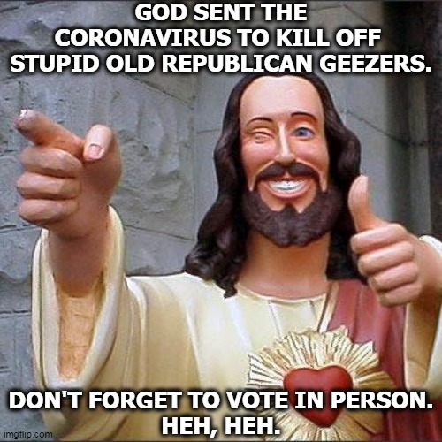 See you on the other side. | GOD SENT THE CORONAVIRUS TO KILL OFF 
STUPID OLD REPUBLICAN GEEZERS. DON'T FORGET TO VOTE IN PERSON.
HEH, HEH. | image tagged in memes,buddy christ,coronavirus,covid-19,old,farts | made w/ Imgflip meme maker