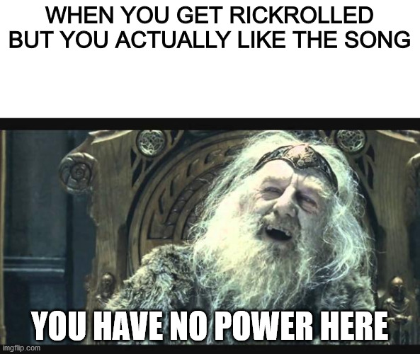 Rickrolled for the 4213th time | WHEN YOU GET RICKROLLED BUT YOU ACTUALLY LIKE THE SONG; YOU HAVE NO POWER HERE | image tagged in you have no power here,rickroll,dank memes,fresh memes | made w/ Imgflip meme maker