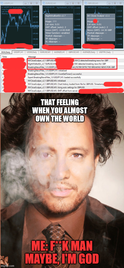 that feeling when the world gets own by you(I censored the Ip's and timetables, cause of crossreferencing reasons) | THAT FEELING WHEN YOU ALMOST OWN THE WORLD; ME: F**K MAN MAYBE, I'M GOD | made w/ Imgflip meme maker