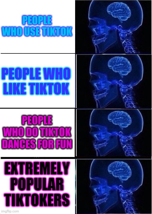 Never actually submitted something here so I thought I would | PEOPLE WHO USE TIKTOK; PEOPLE WHO LIKE TIKTOK; PEOPLE WHO DO TIKTOK DANCES FOR FUN; EXTREMELY POPULAR TIKTOKERS | image tagged in memes,expanding brain,smol brain | made w/ Imgflip meme maker