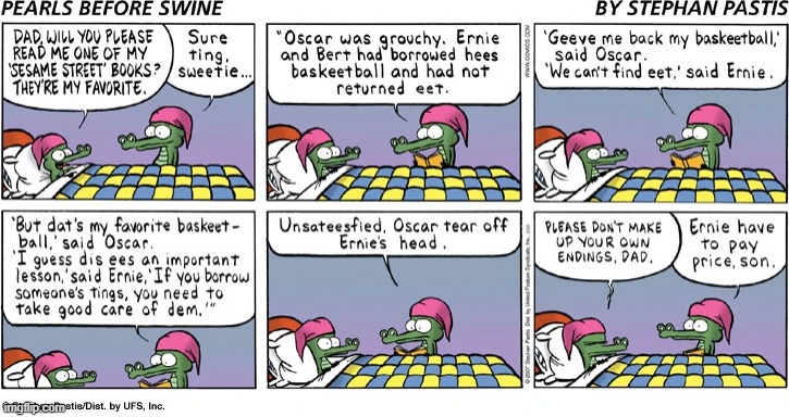 This strip has Larry the crocodile reading a Sesame Street book to his son before bed. | image tagged in pearls before swine,sesame street,books | made w/ Imgflip meme maker