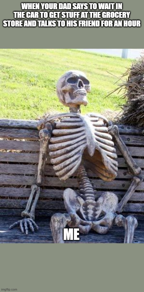 Waiting Skeleton | WHEN YOUR DAD SAYS TO WAIT IN THE CAR TO GET STUFF AT THE GROCERY STORE AND TALKS TO HIS FRIEND FOR AN HOUR; ME | image tagged in memes,waiting skeleton | made w/ Imgflip meme maker