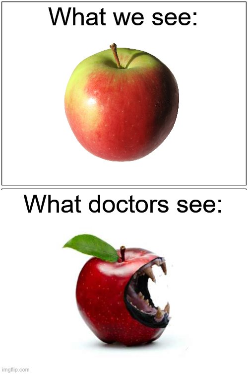 an apple a day keeps the doctor away | What we see:; What doctors see: | image tagged in apple,blank white template,funny meme | made w/ Imgflip meme maker