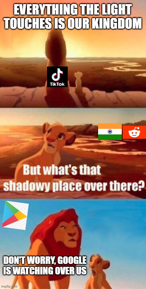 Why google, whyyyyyy | EVERYTHING THE LIGHT TOUCHES IS OUR KINGDOM; DON'T WORRY, GOOGLE IS WATCHING OVER US | image tagged in memes,simba shadowy place,tiktok,google,ratings | made w/ Imgflip meme maker