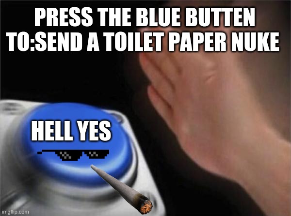 me and my crew working on more memes every day but we can only send 2 a day | PRESS THE BLUE BUTTEN TO:SEND A TOILET PAPER NUKE; HELL YES | image tagged in memes,blank nut button | made w/ Imgflip meme maker